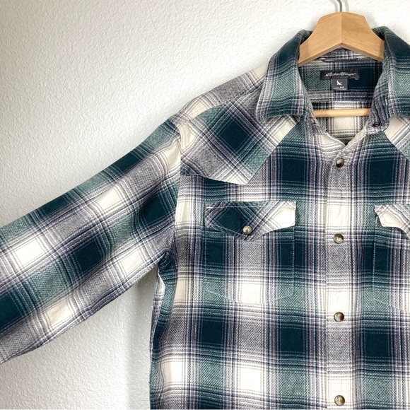 Eddie Bauer Western Shirt Plaid Button Up Snap Perl Mens M Long Sleeves Green - Picture 4 of 13